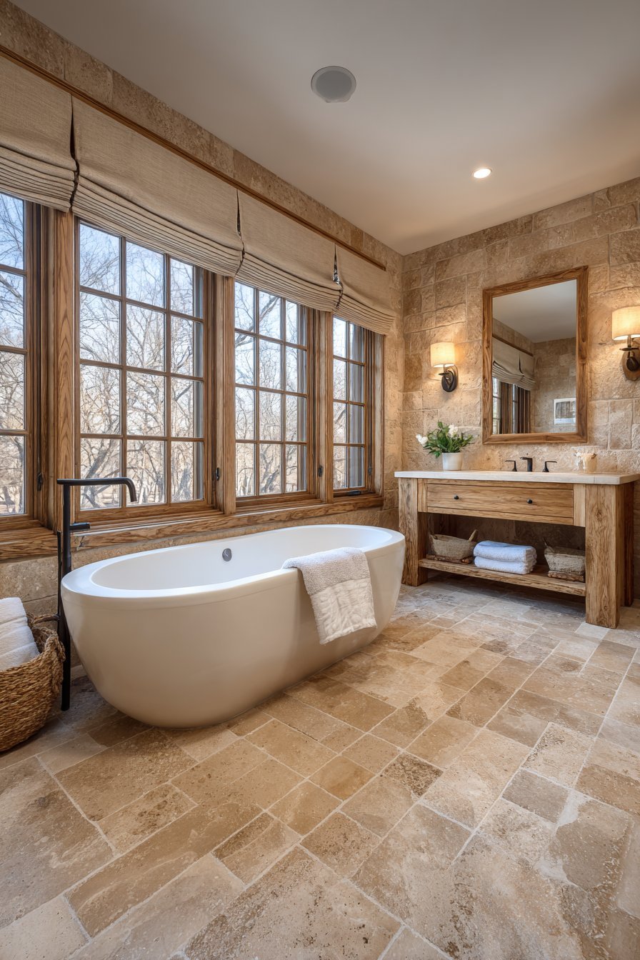 Travertine tile floor with freestanding oval tub, bronze floor-mounted filler and live-edge wood vanity