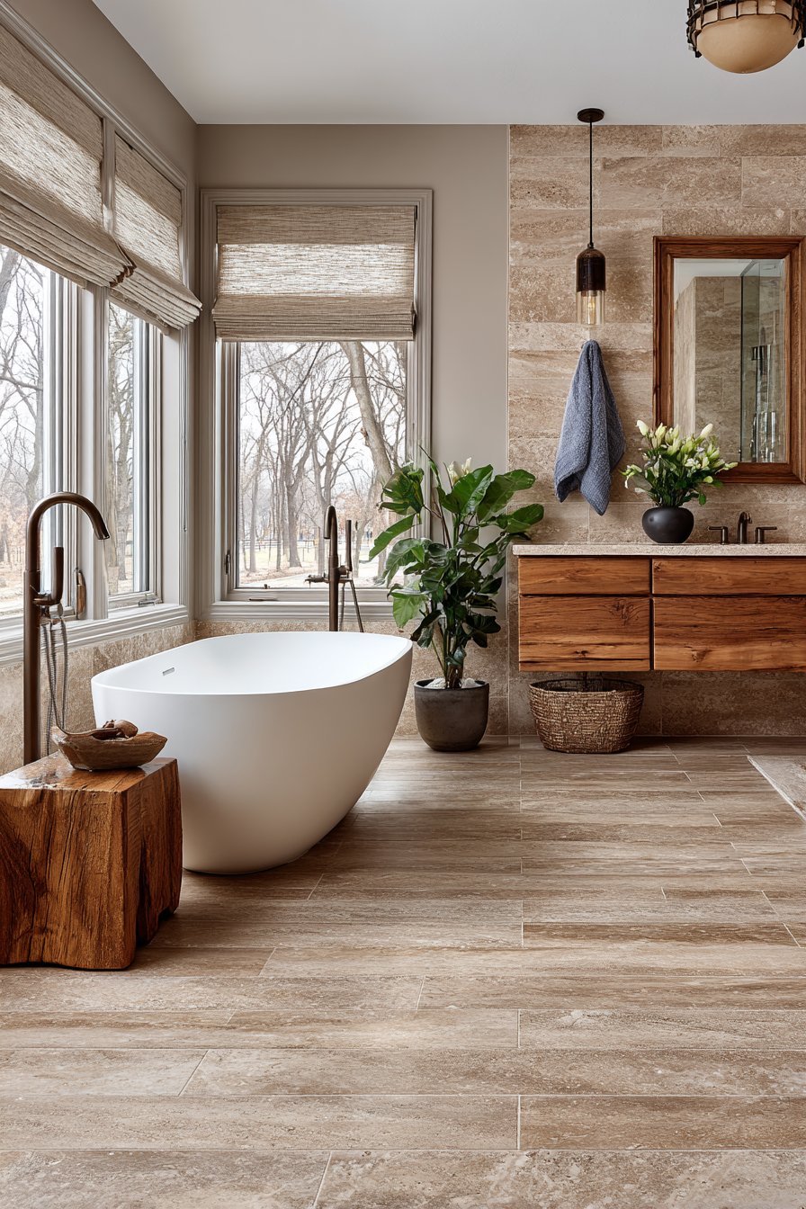 Travertine tile floor with freestanding oval tub, bronze floor-mounted filler and live-edge wood vanity