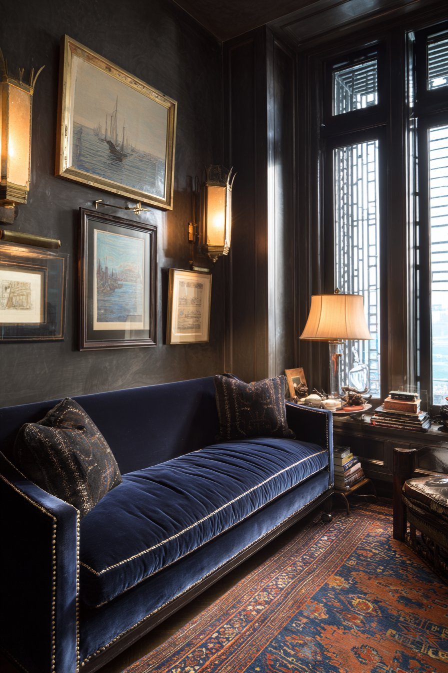 Charcoal Venetian plaster walls with navy mohair sofa, brass picture lights and midnight blue wool rug