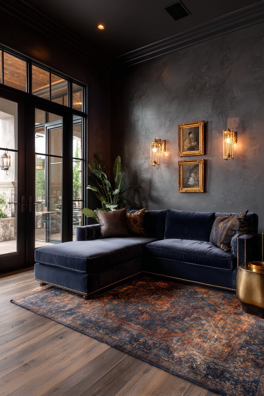 Charcoal Venetian plaster walls with navy mohair sofa, brass picture lights and midnight blue wool rug