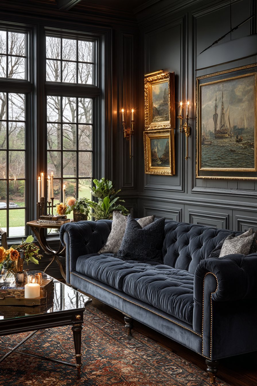 Charcoal Venetian plaster walls with navy mohair sofa, brass picture lights and midnight blue wool rug