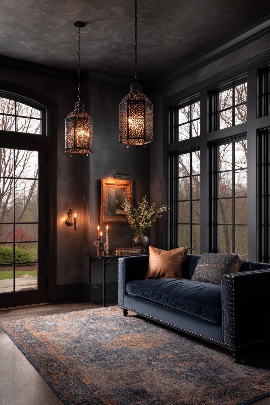 Charcoal Venetian plaster walls with navy mohair sofa, brass picture lights and midnight blue wool rug