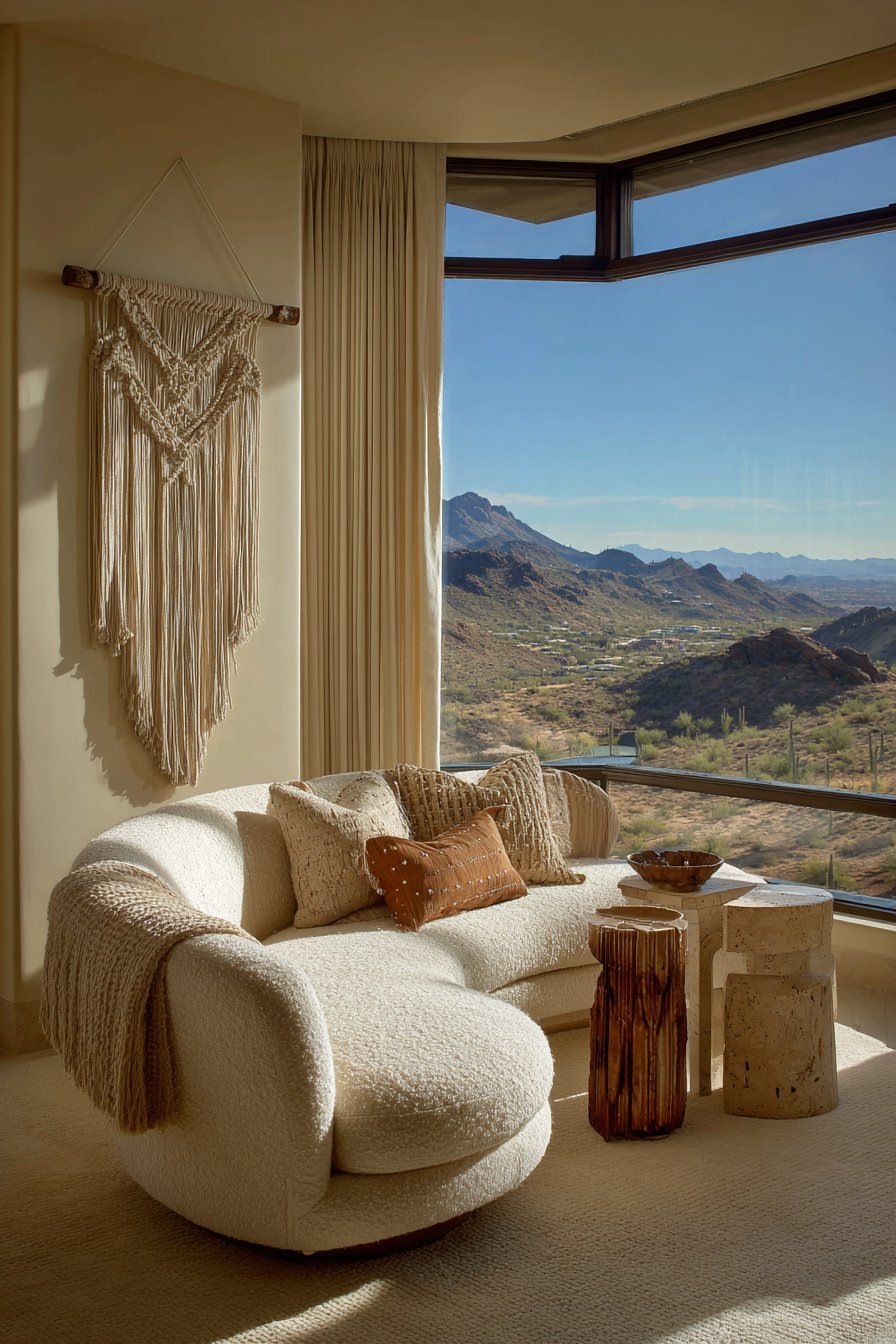 Warm neutral living room with caramel bouclé curved sofa, travertine side tables and macramé wall hanging