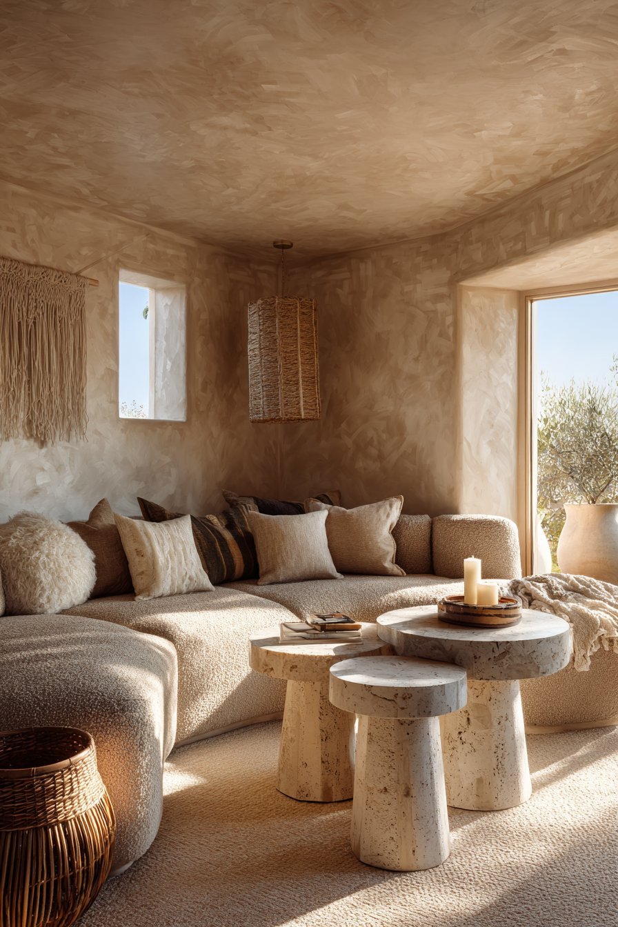 Warm neutral living room with caramel bouclé curved sofa, travertine side tables and macramé wall hanging