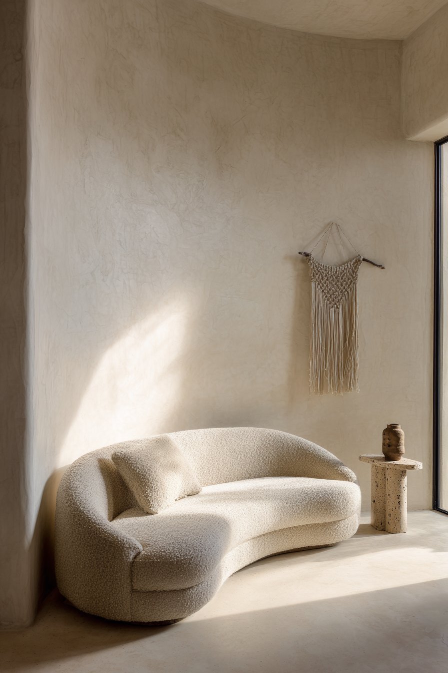 Warm neutral living room with caramel bouclé curved sofa, travertine side tables and macramé wall hanging