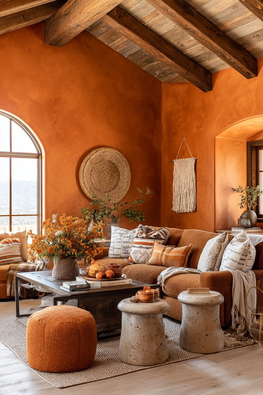 Warm neutral living room with caramel bouclé curved sofa, travertine side tables and macramé wall hanging