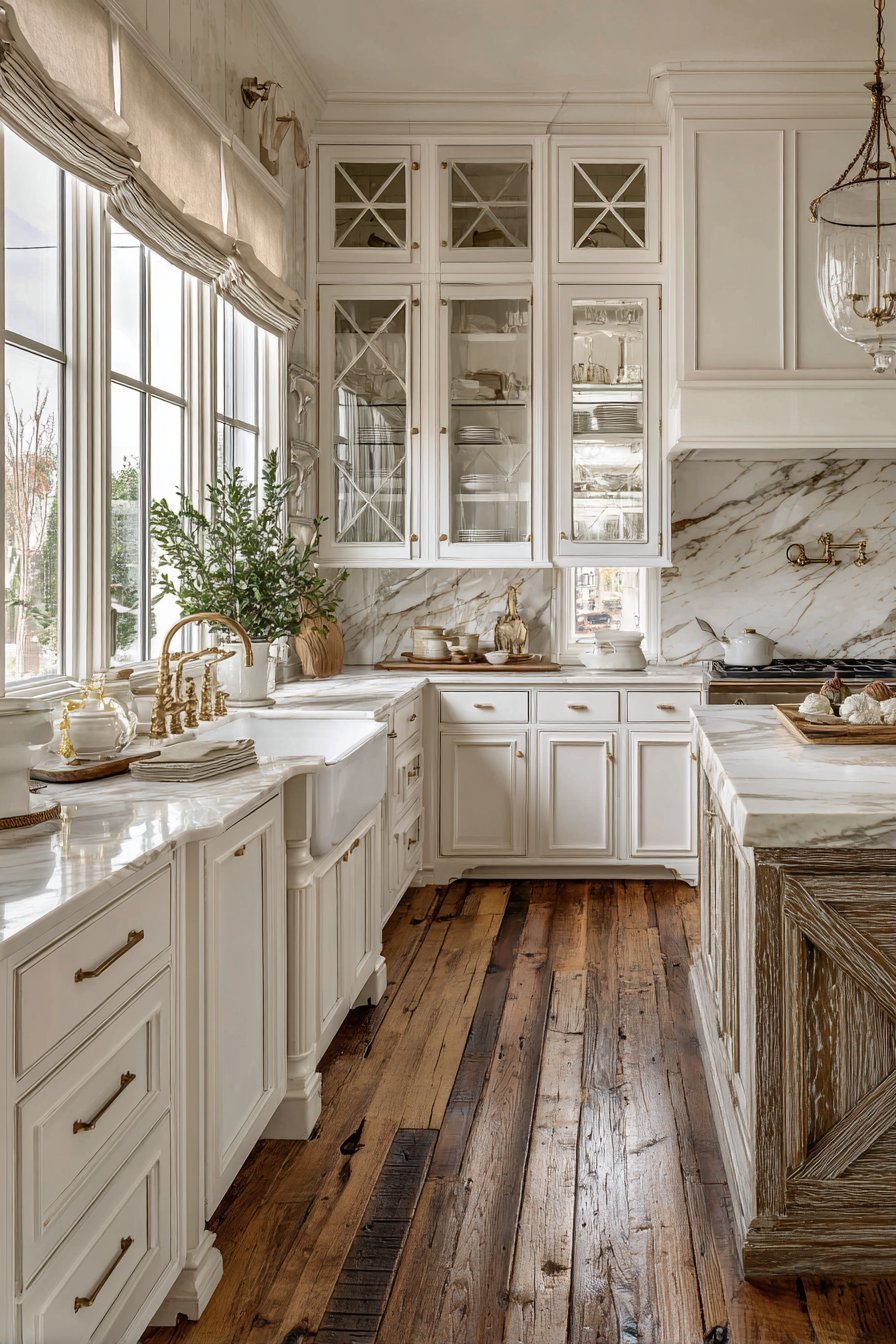 White glass-mullion cabinets with Calacatta marble, brass gooseneck faucet and X-detail island on heart pine floor