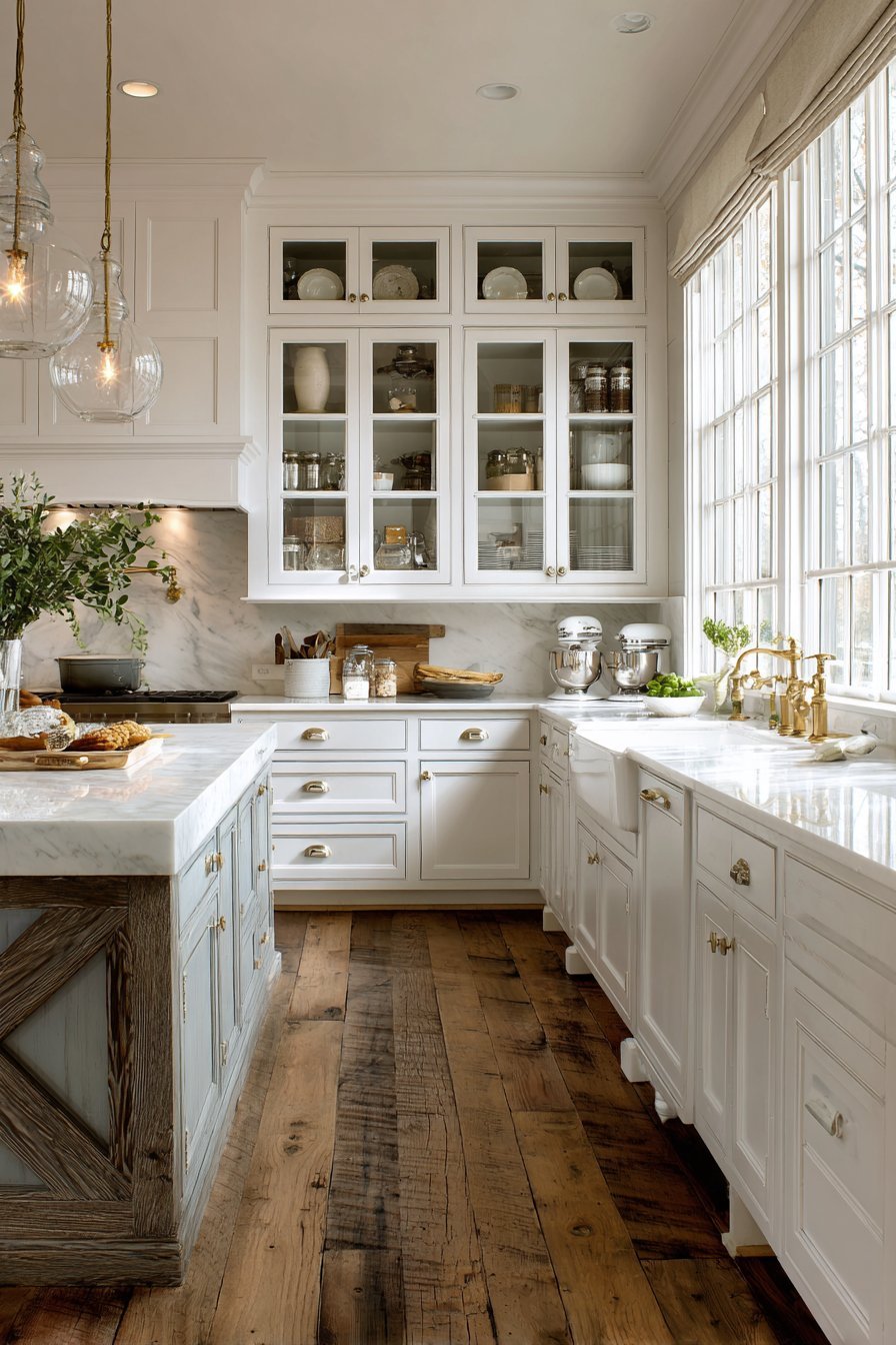 White glass-mullion cabinets with Calacatta marble, brass gooseneck faucet and X-detail island on heart pine floor