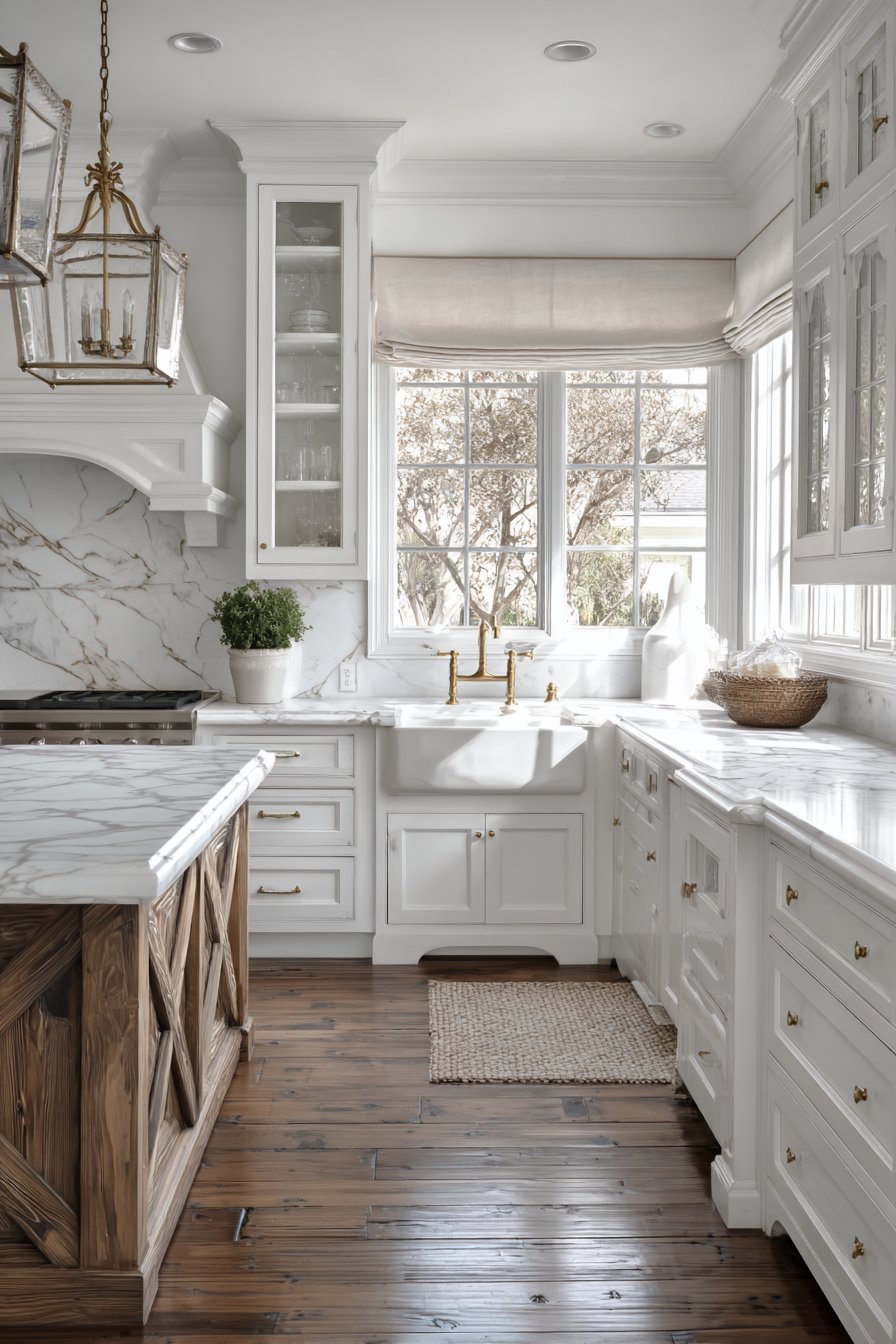 White glass-mullion cabinets with Calacatta marble, brass gooseneck faucet and X-detail island on heart pine floor