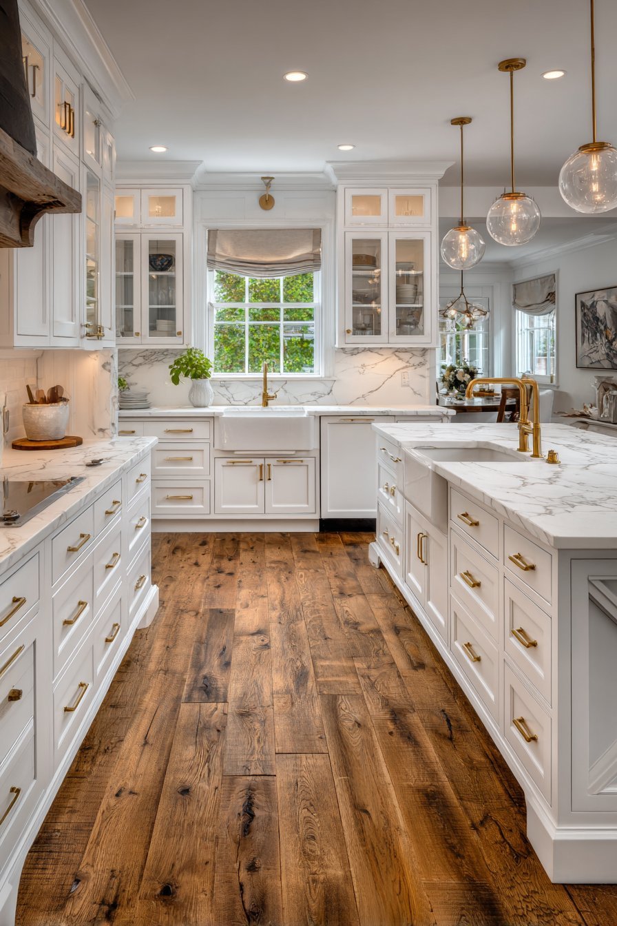 White glass-mullion cabinets with Calacatta marble, brass gooseneck faucet and X-detail island on heart pine floor