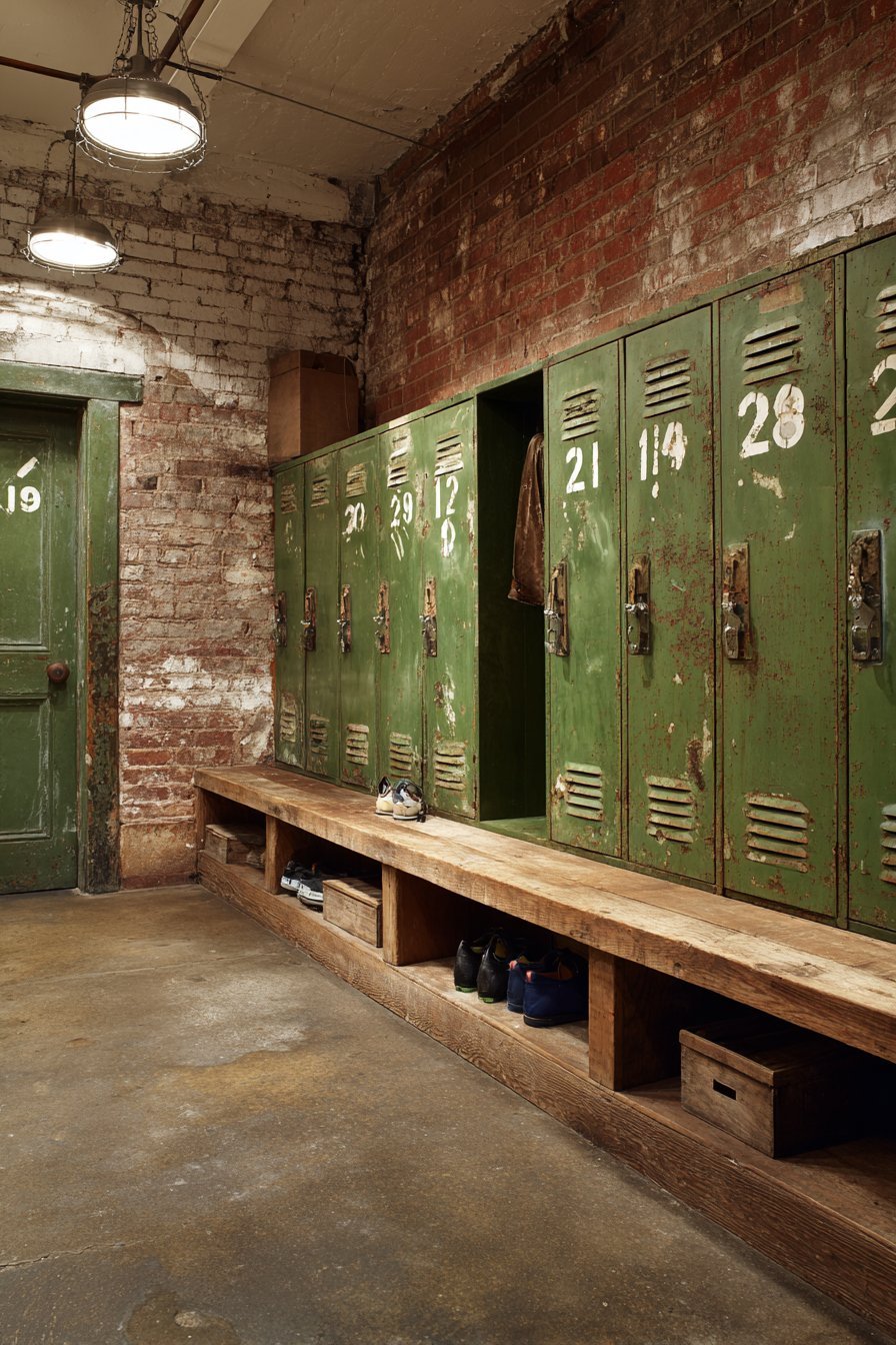 Green industrial lockers with metal tags and a lift-up storage bench against brick in a basement