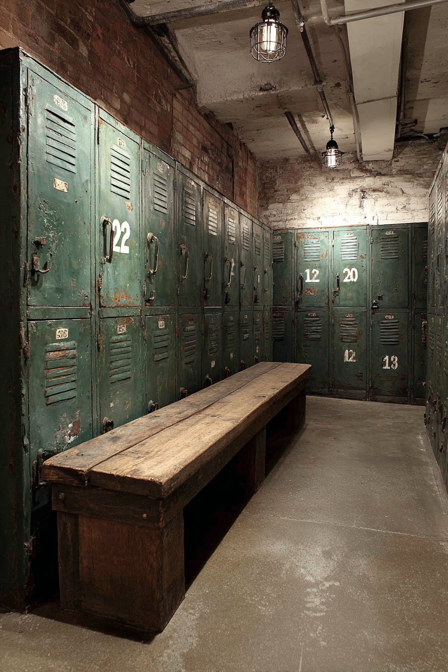 Green industrial lockers with metal tags and a lift-up storage bench against brick in a basement