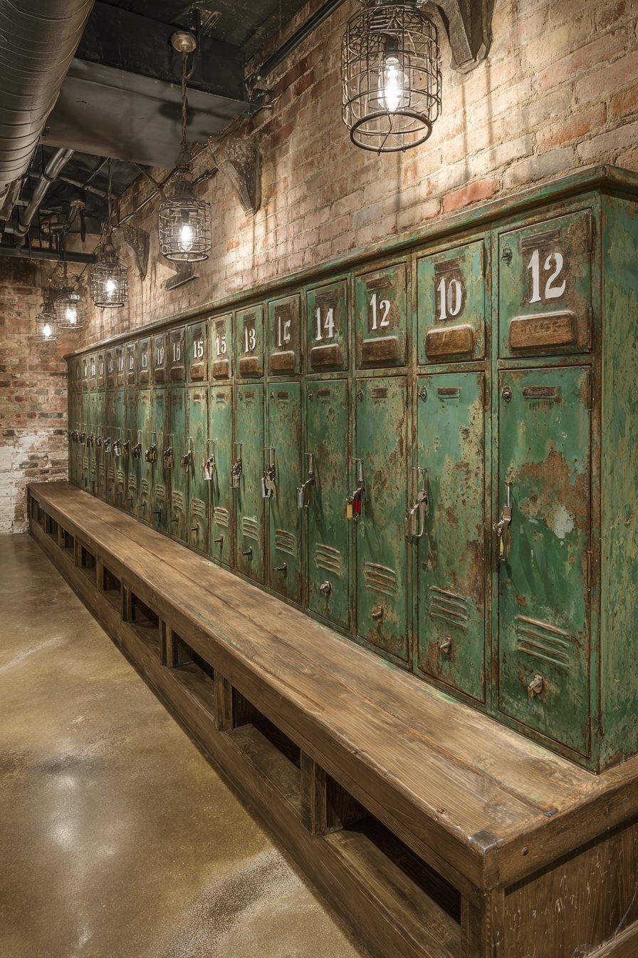 Green industrial lockers with metal tags and a lift-up storage bench against brick in a basement