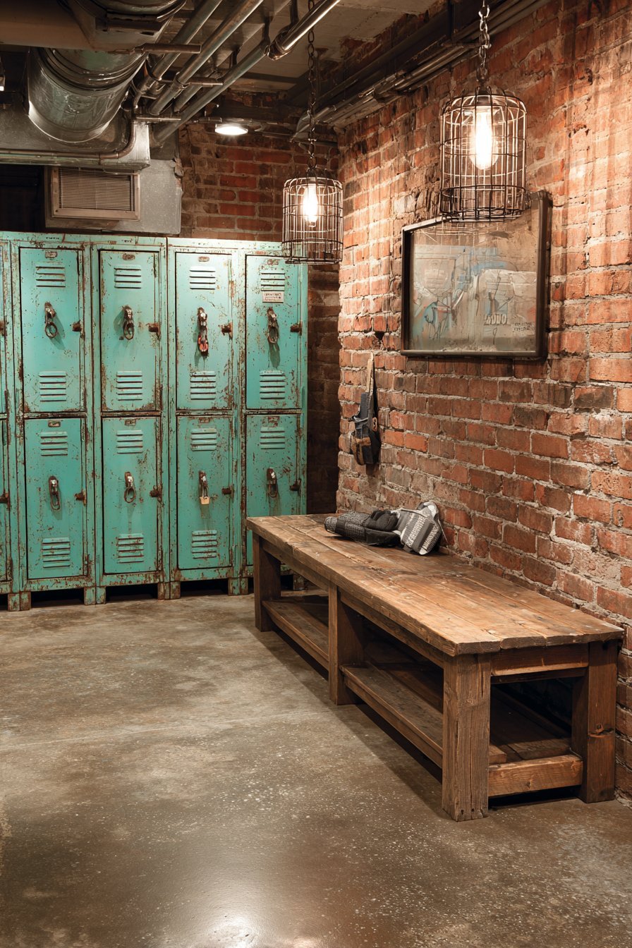 Green industrial lockers with metal tags and a lift-up storage bench against brick in a basement
