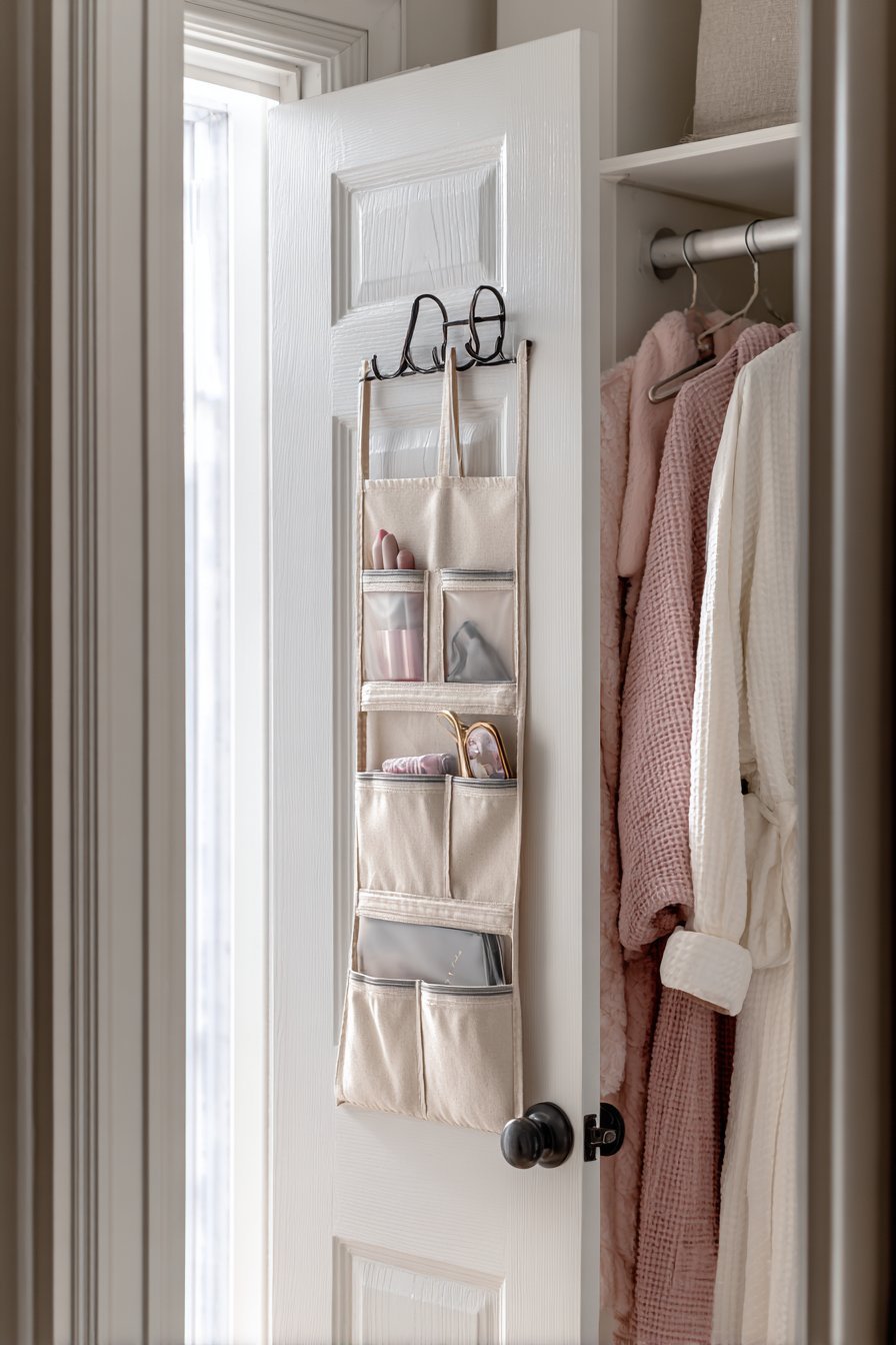 Canvas over-door organizer with clear pockets for scarves and accessories on a white closet door with robe hooks