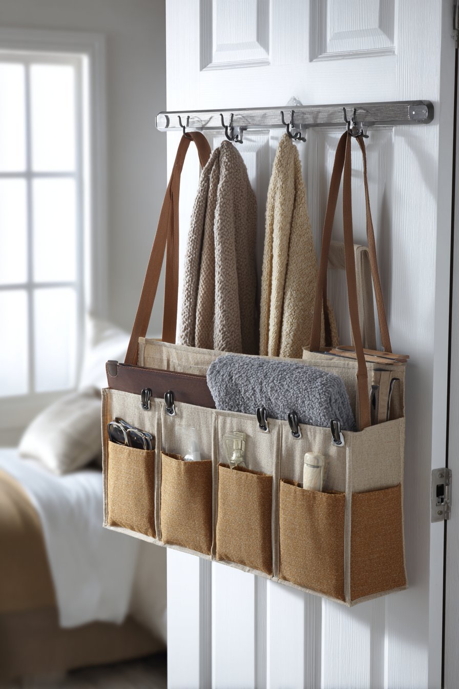 Canvas over-door organizer with clear pockets for scarves and accessories on a white closet door with robe hooks