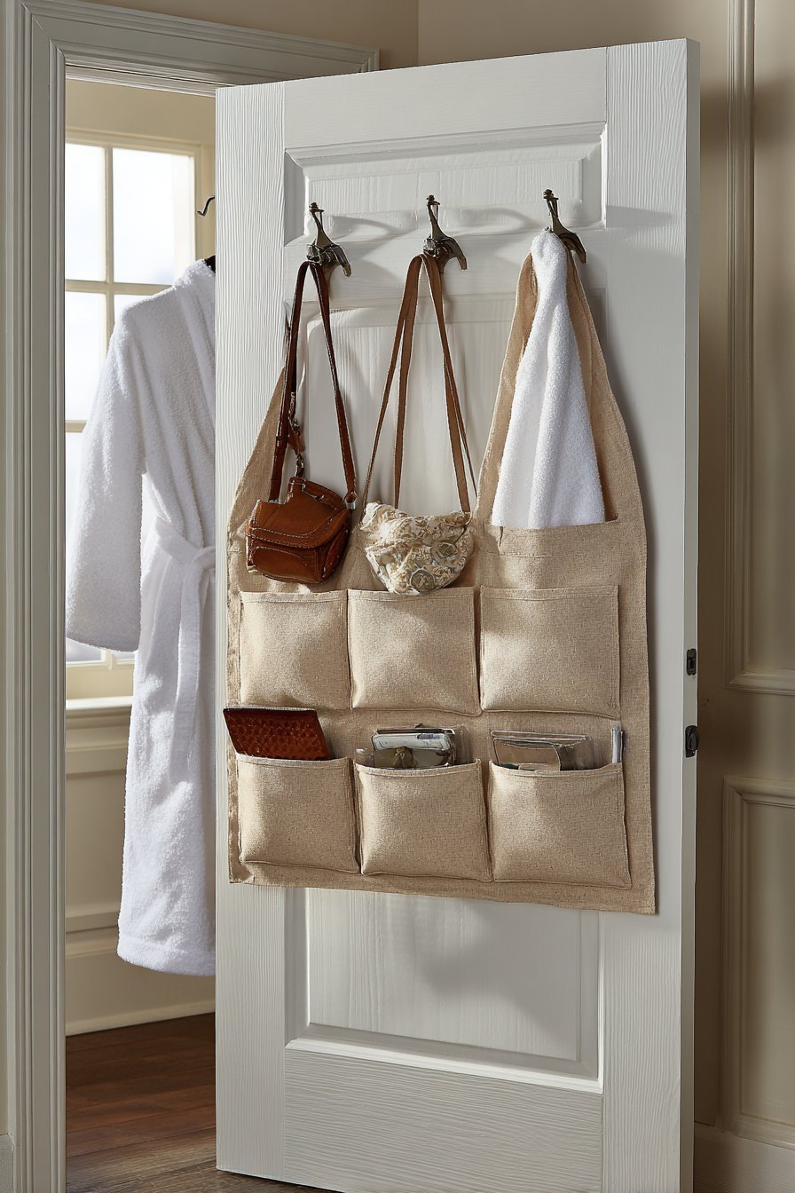 Canvas over-door organizer with clear pockets for scarves and accessories on a white closet door with robe hooks