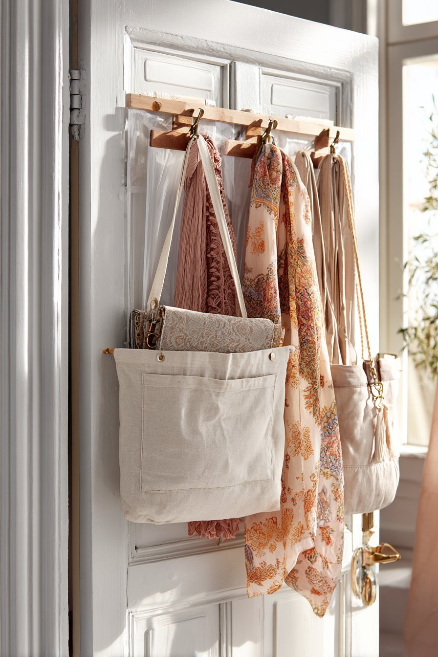 Canvas over-door organizer with clear pockets for scarves and accessories on a white closet door with robe hooks