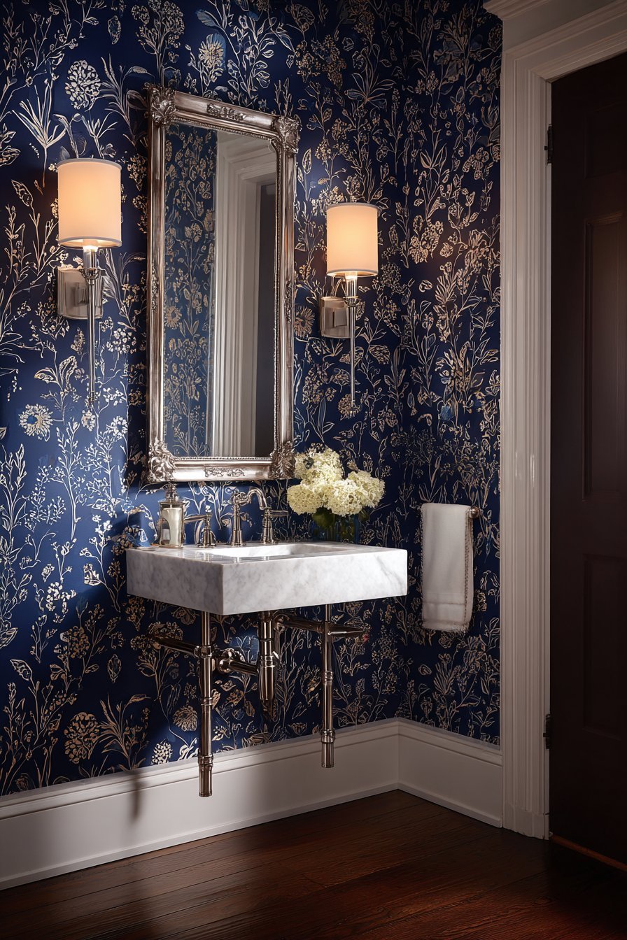 Marble console sink with metal legs, ornate mirror and navy and gold botanical wallpaper