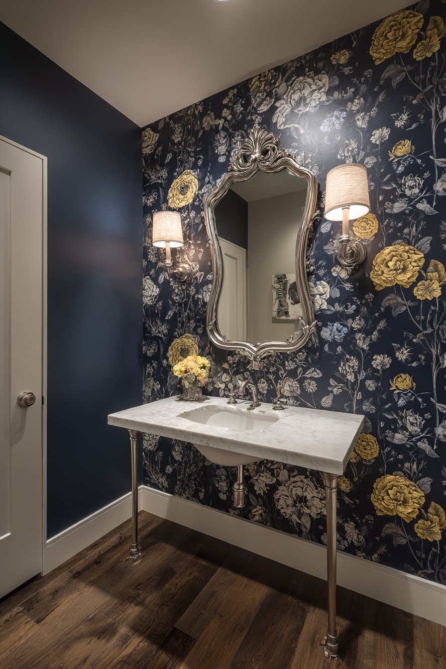Marble console sink with metal legs, ornate mirror and navy and gold botanical wallpaper
