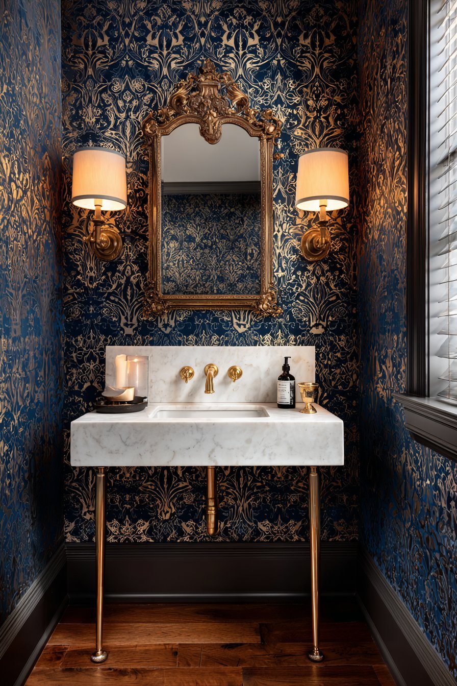 Marble console sink with metal legs, ornate mirror and navy and gold botanical wallpaper