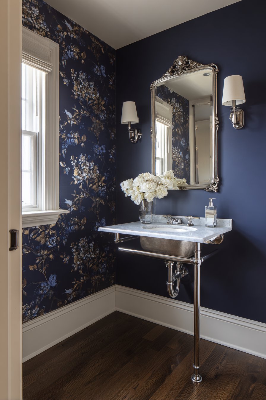 Marble console sink with metal legs, ornate mirror and navy and gold botanical wallpaper