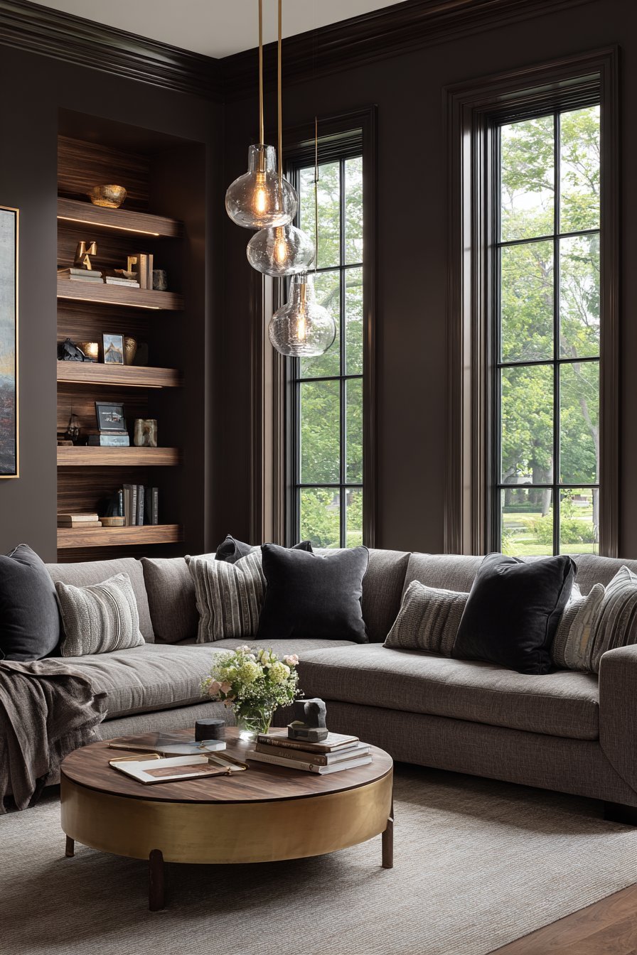 Chocolate brown walls with charcoal velvet window seats, walnut floating shelves and brass-and-glass table