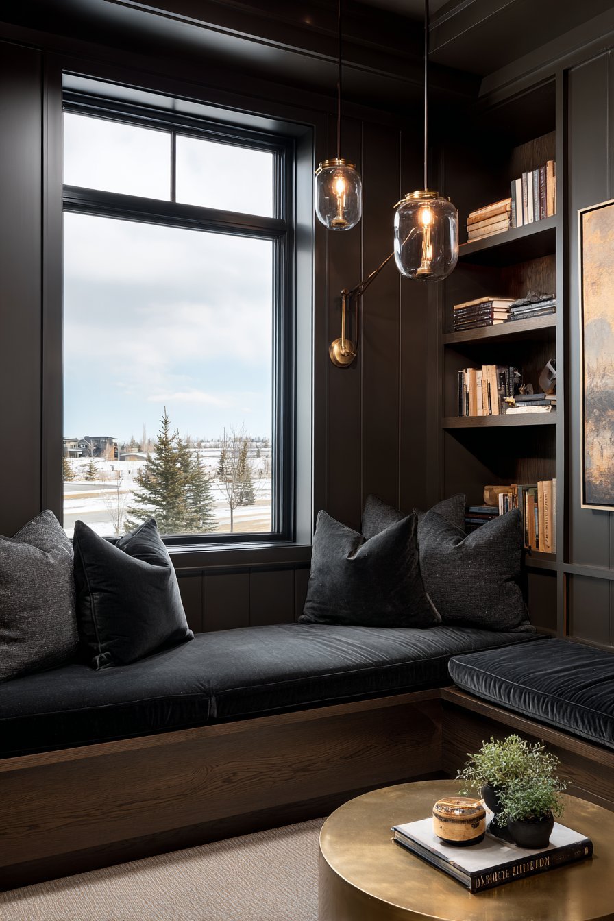 Chocolate brown walls with charcoal velvet window seats, walnut floating shelves and brass-and-glass table