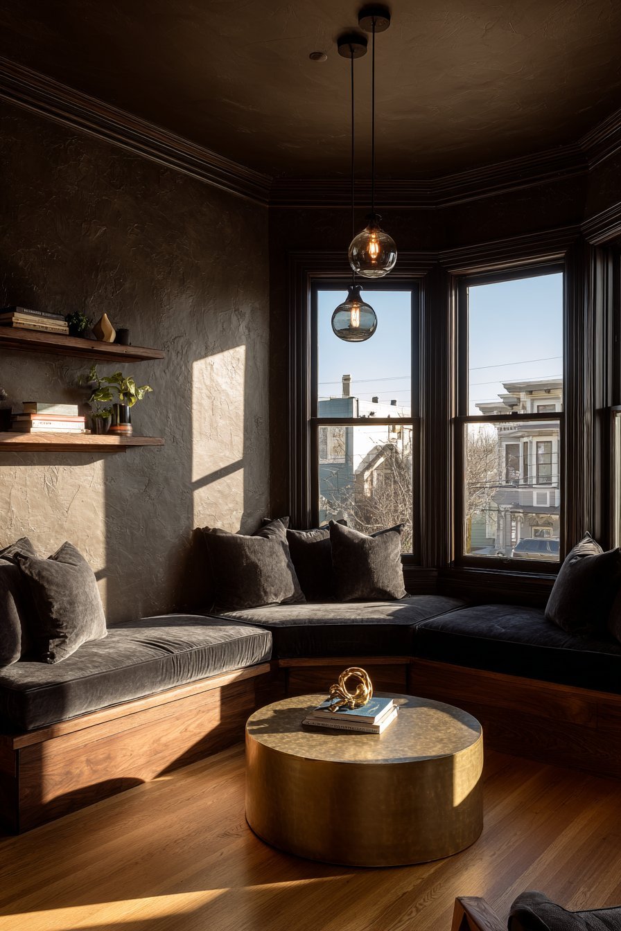 Chocolate brown walls with charcoal velvet window seats, walnut floating shelves and brass-and-glass table