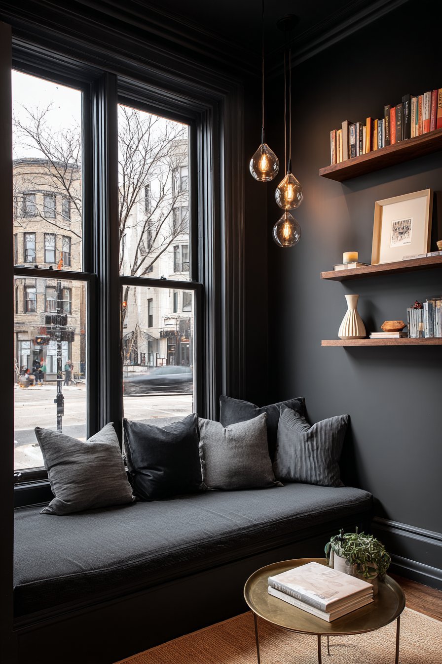 Chocolate brown walls with charcoal velvet window seats, walnut floating shelves and brass-and-glass table
