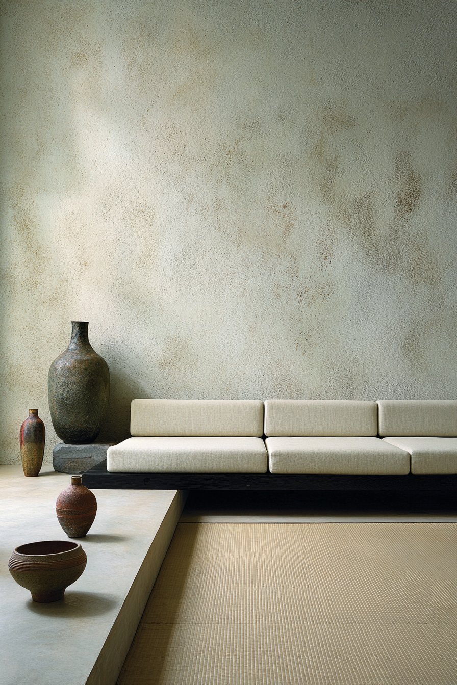 Japanese-inspired minimalist living room with low linen platform sofa, tatami rug and tadelakt plaster walls
