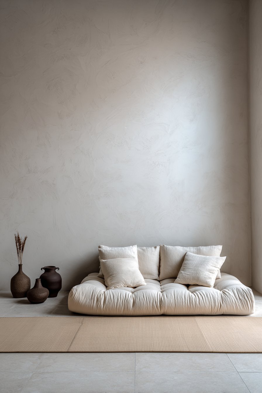 Japanese-inspired minimalist living room with low linen platform sofa, tatami rug and tadelakt plaster walls