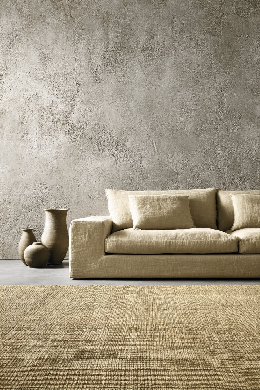 Japanese-inspired minimalist living room with low linen platform sofa, tatami rug and tadelakt plaster walls