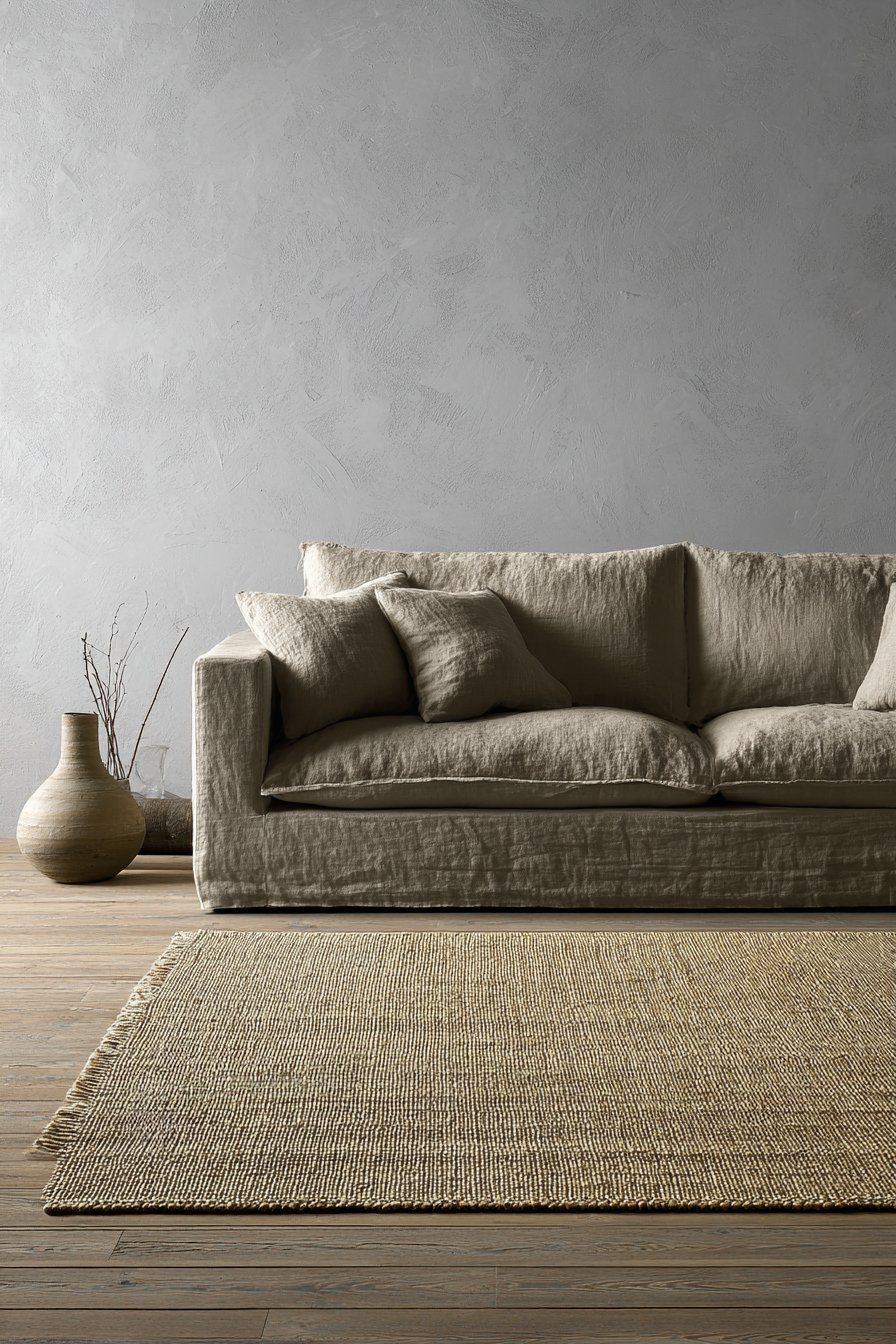 Japanese-inspired minimalist living room with low linen platform sofa, tatami rug and tadelakt plaster walls