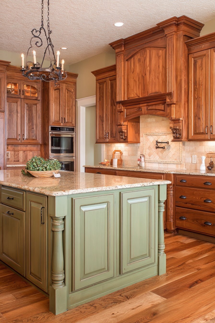 Cherry kitchen cabinets with sage green turned-leg island, beige granite, terra cotta floor and wrought iron chandelier