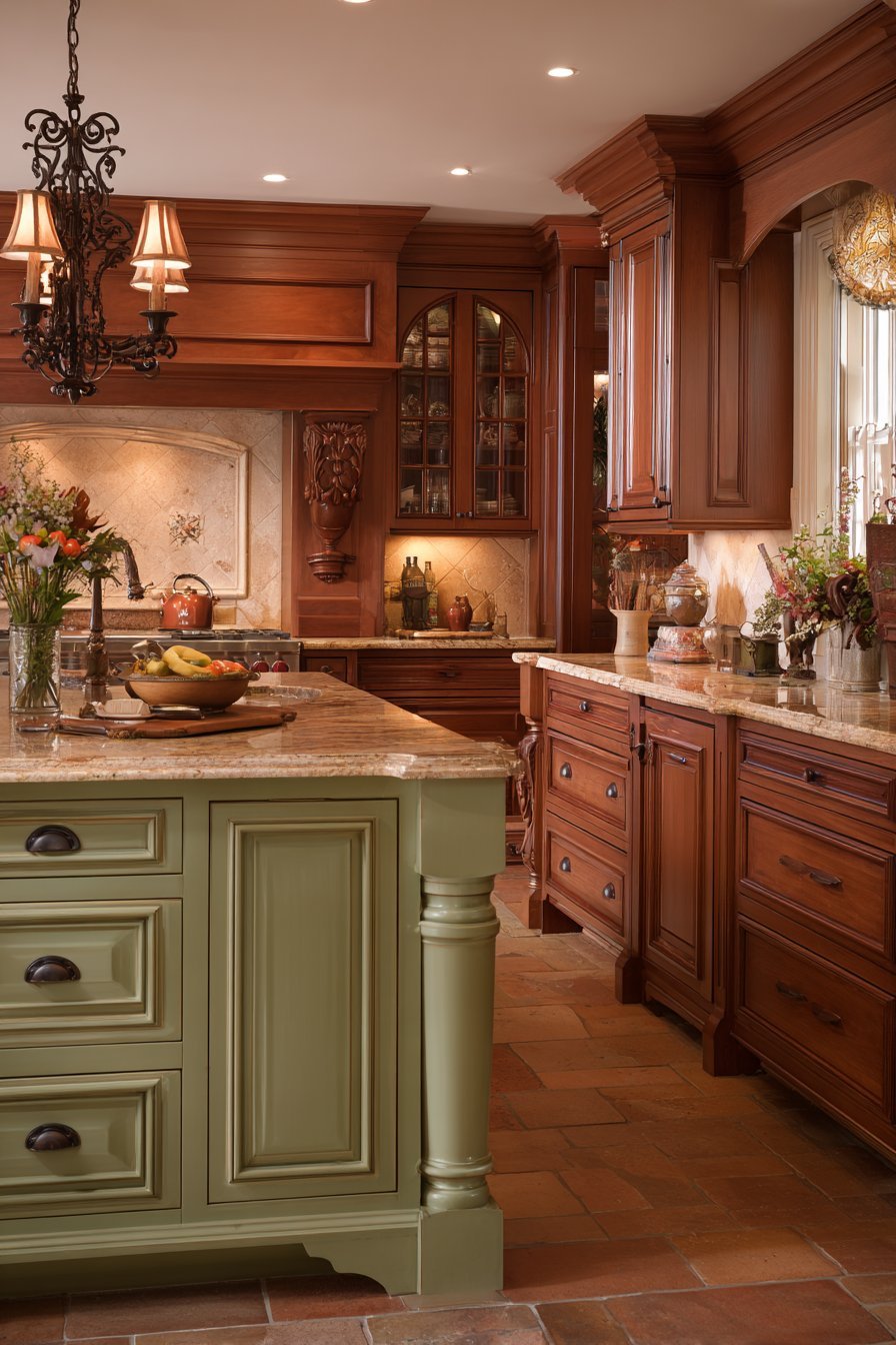 Cherry kitchen cabinets with sage green turned-leg island, beige granite, terra cotta floor and wrought iron chandelier