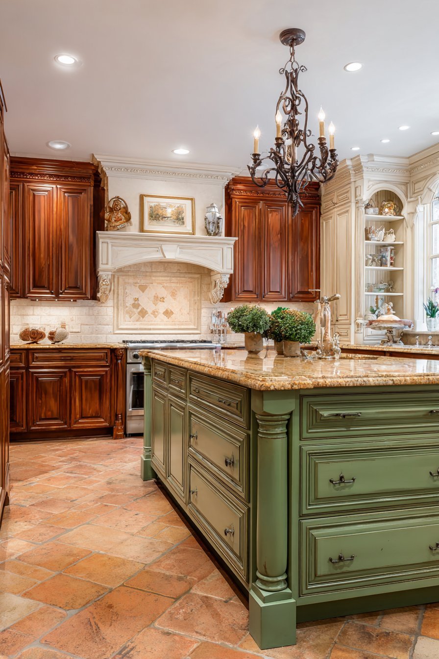 Cherry kitchen cabinets with sage green turned-leg island, beige granite, terra cotta floor and wrought iron chandelier