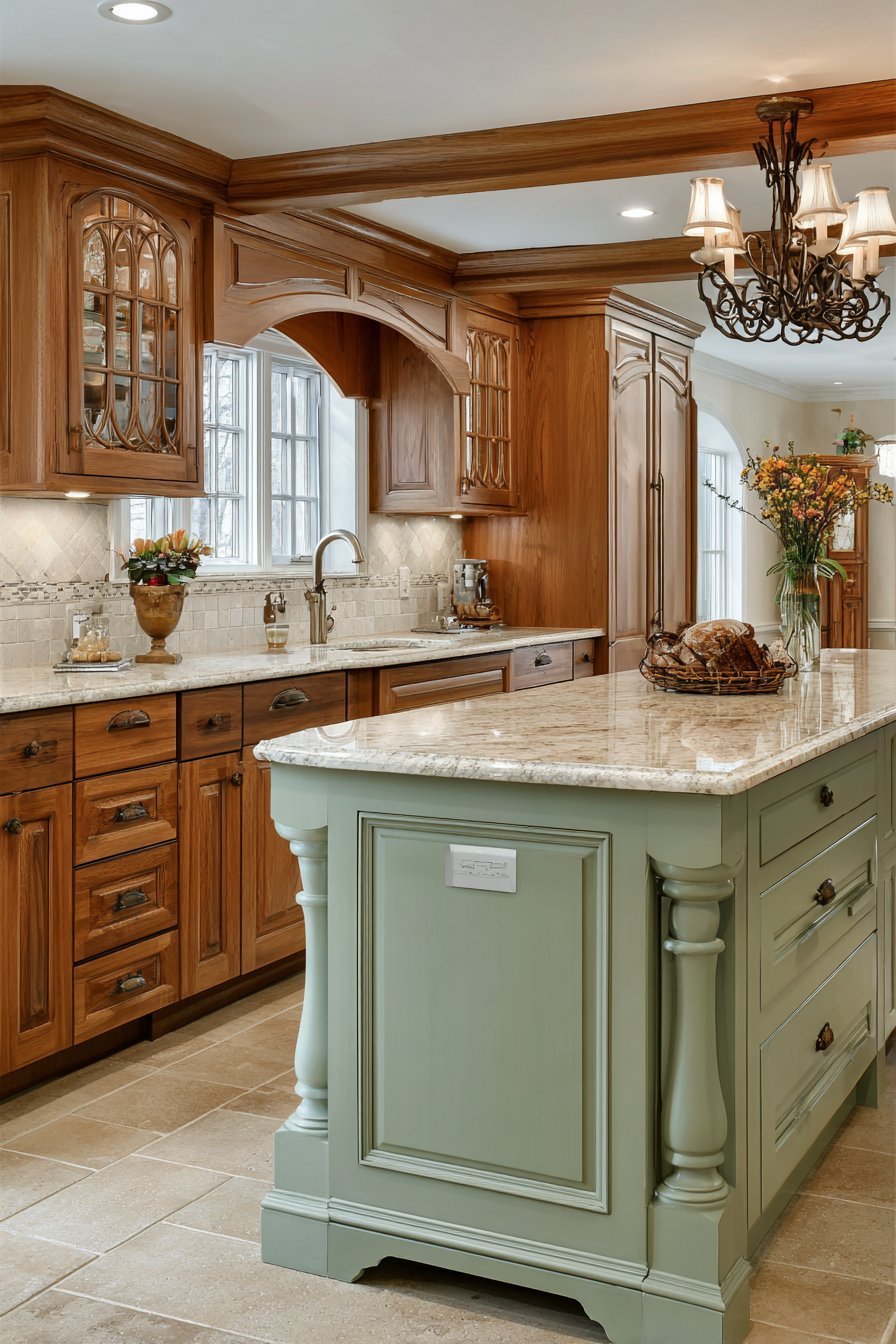 Cherry kitchen cabinets with sage green turned-leg island, beige granite, terra cotta floor and wrought iron chandelier