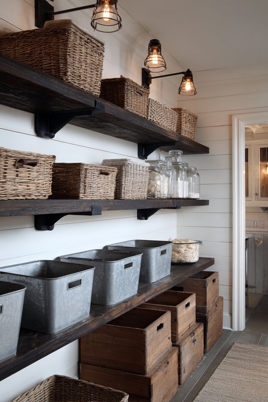 Reclaimed barn wood floating shelves on black brackets with wicker baskets, galvanized bins and crates against white shiplap