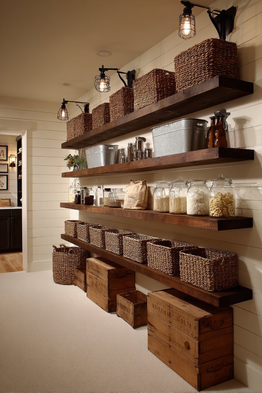 Reclaimed barn wood floating shelves on black brackets with wicker baskets, galvanized bins and crates against white shiplap