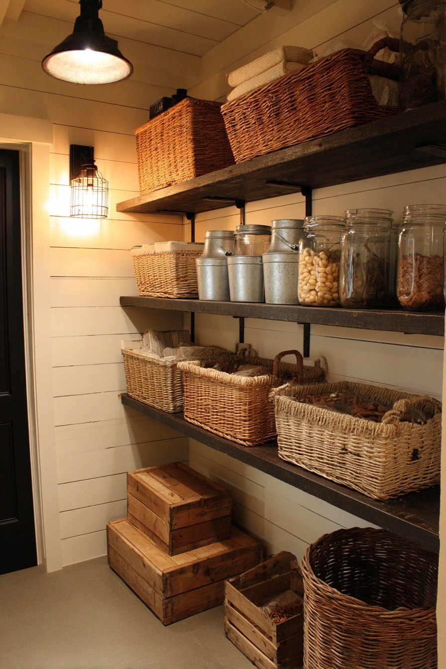 Reclaimed barn wood floating shelves on black brackets with wicker baskets, galvanized bins and crates against white shiplap