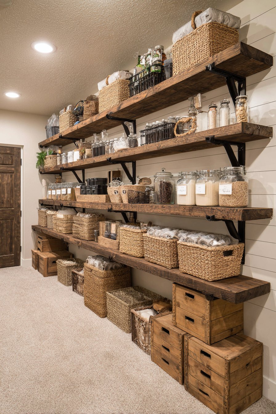 Reclaimed barn wood floating shelves on black brackets with wicker baskets, galvanized bins and crates against white shiplap