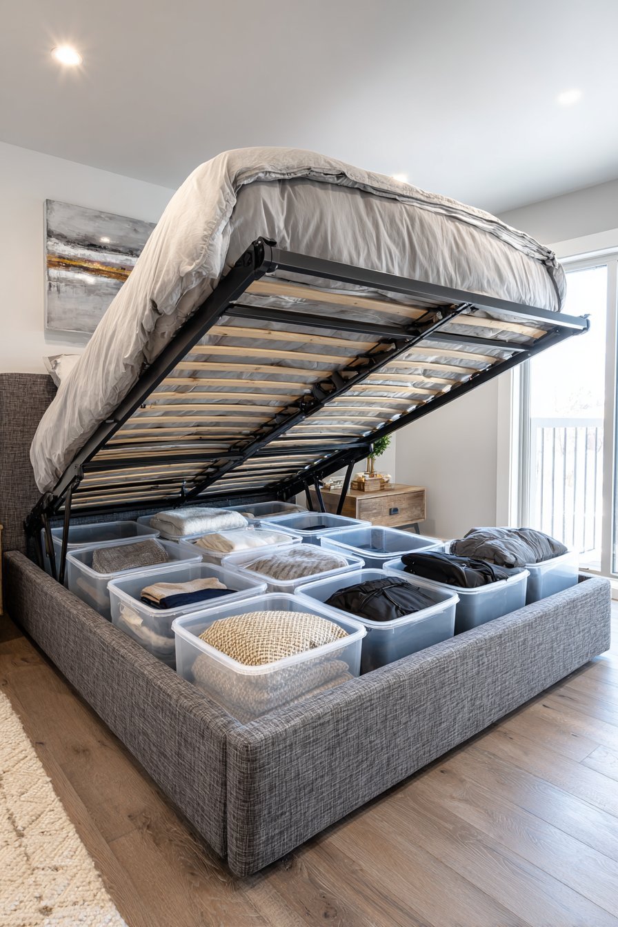 Charcoal upholstered platform bed with lifted hydraulic base showing clear bins of clothing, bedding and luggage