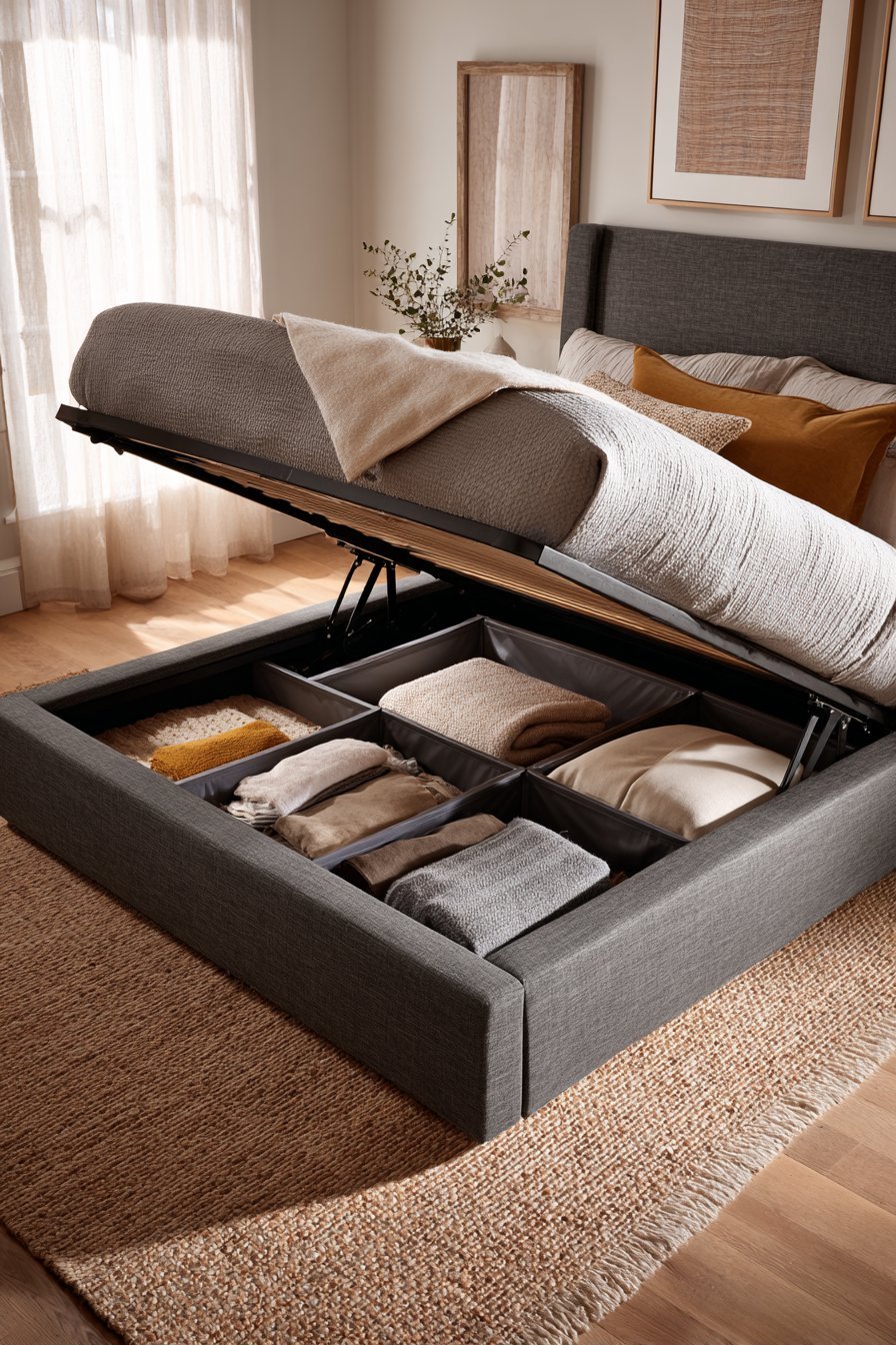 Charcoal upholstered platform bed with lifted hydraulic base showing clear bins of clothing, bedding and luggage