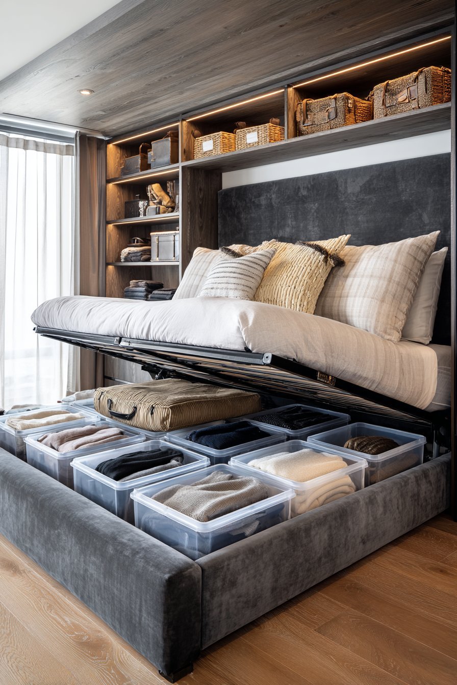 Charcoal upholstered platform bed with lifted hydraulic base showing clear bins of clothing, bedding and luggage
