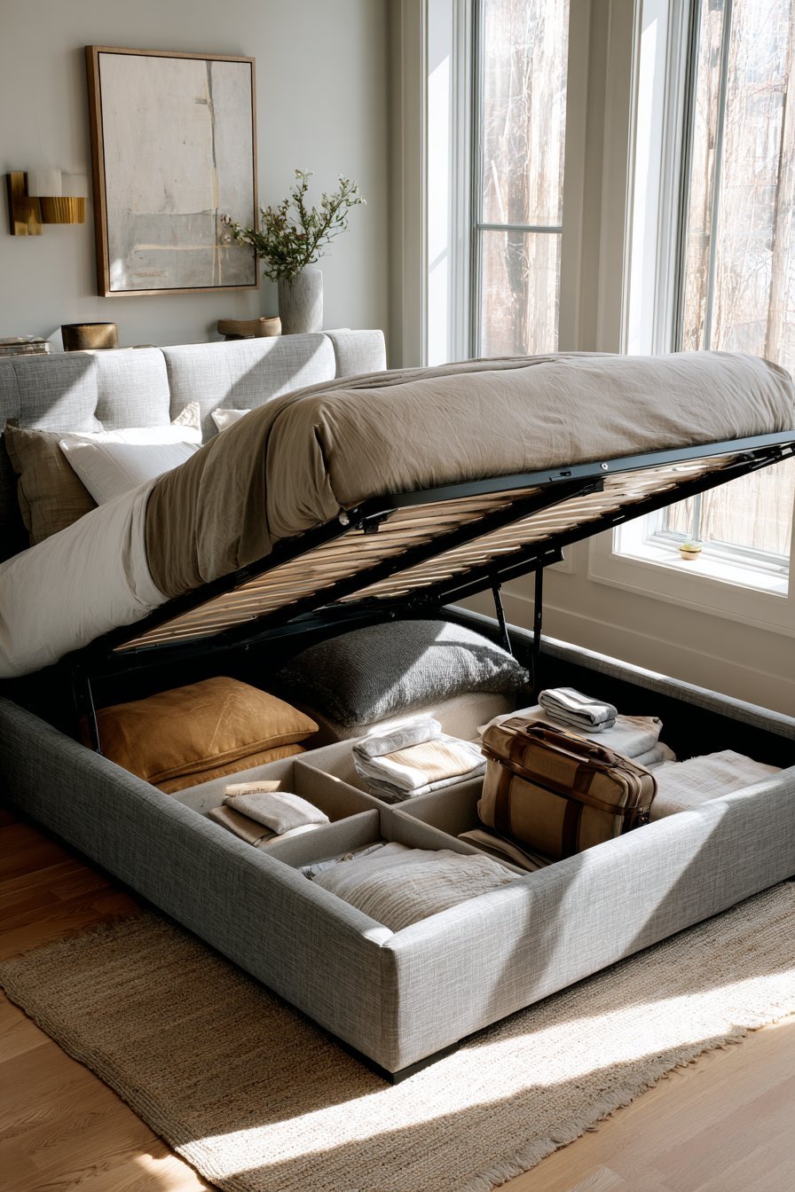 Charcoal upholstered platform bed with lifted hydraulic base showing clear bins of clothing, bedding and luggage