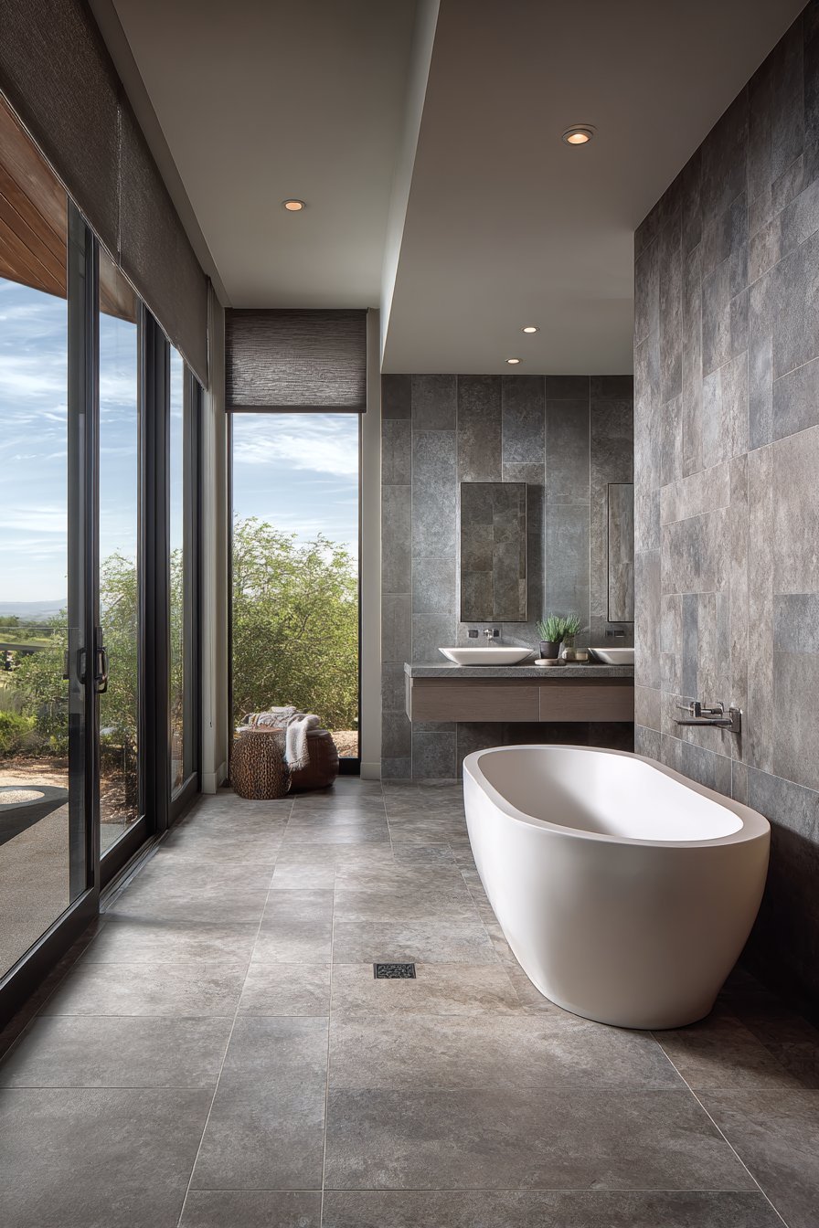 Wet room master bathroom with concrete-look tile, linear drain, freestanding tub and wall-hung toilet
