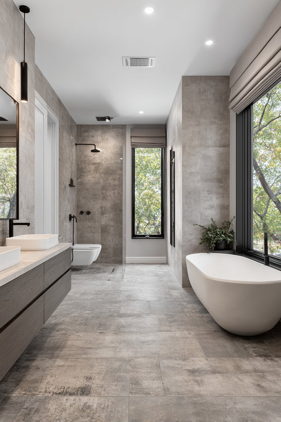 Wet room master bathroom with concrete-look tile, linear drain, freestanding tub and wall-hung toilet