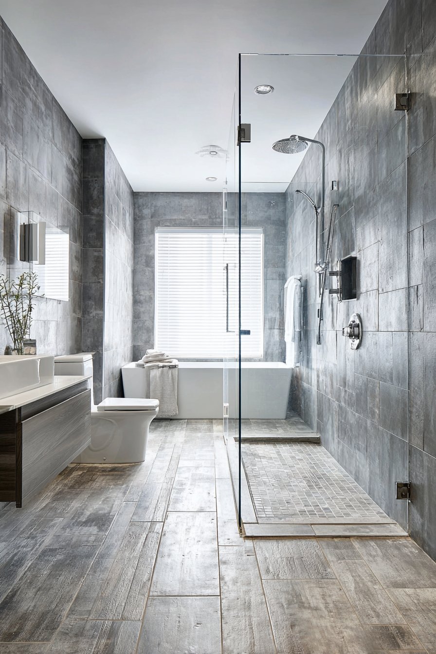 Wet room master bathroom with concrete-look tile, linear drain, freestanding tub and wall-hung toilet