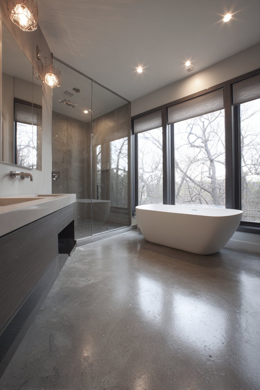 Wet room master bathroom with concrete-look tile, linear drain, freestanding tub and wall-hung toilet